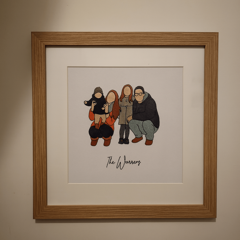 Custom embroidery portrait with names framed